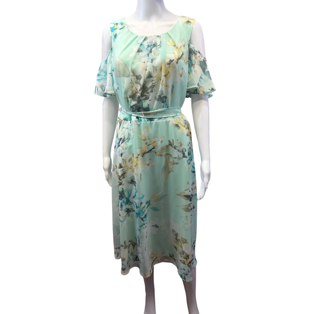 Petite Mint Floral Chiffon Dress Size 14P Flutter Sleeve Belted